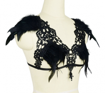 Soutien-gorge burlesque harnais crochet et plumes noires