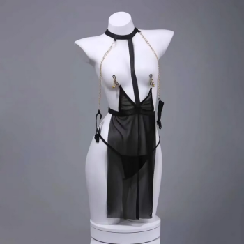 nuisette-sexy-bondage-transparente-noire-pince-tetons