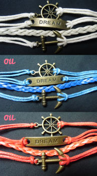 Bracelet cordon et métal ancre marine, barre et dream