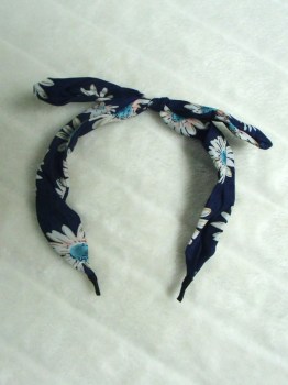 Serre-tête original fin et rigide tissu bleu à fleurs